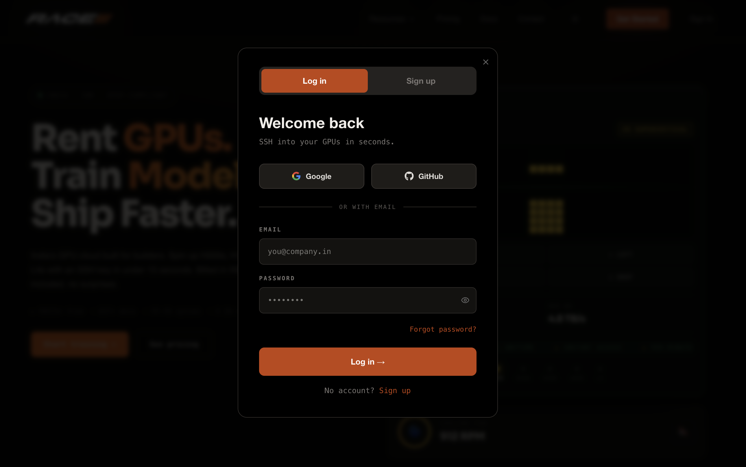 Login page — email and password form