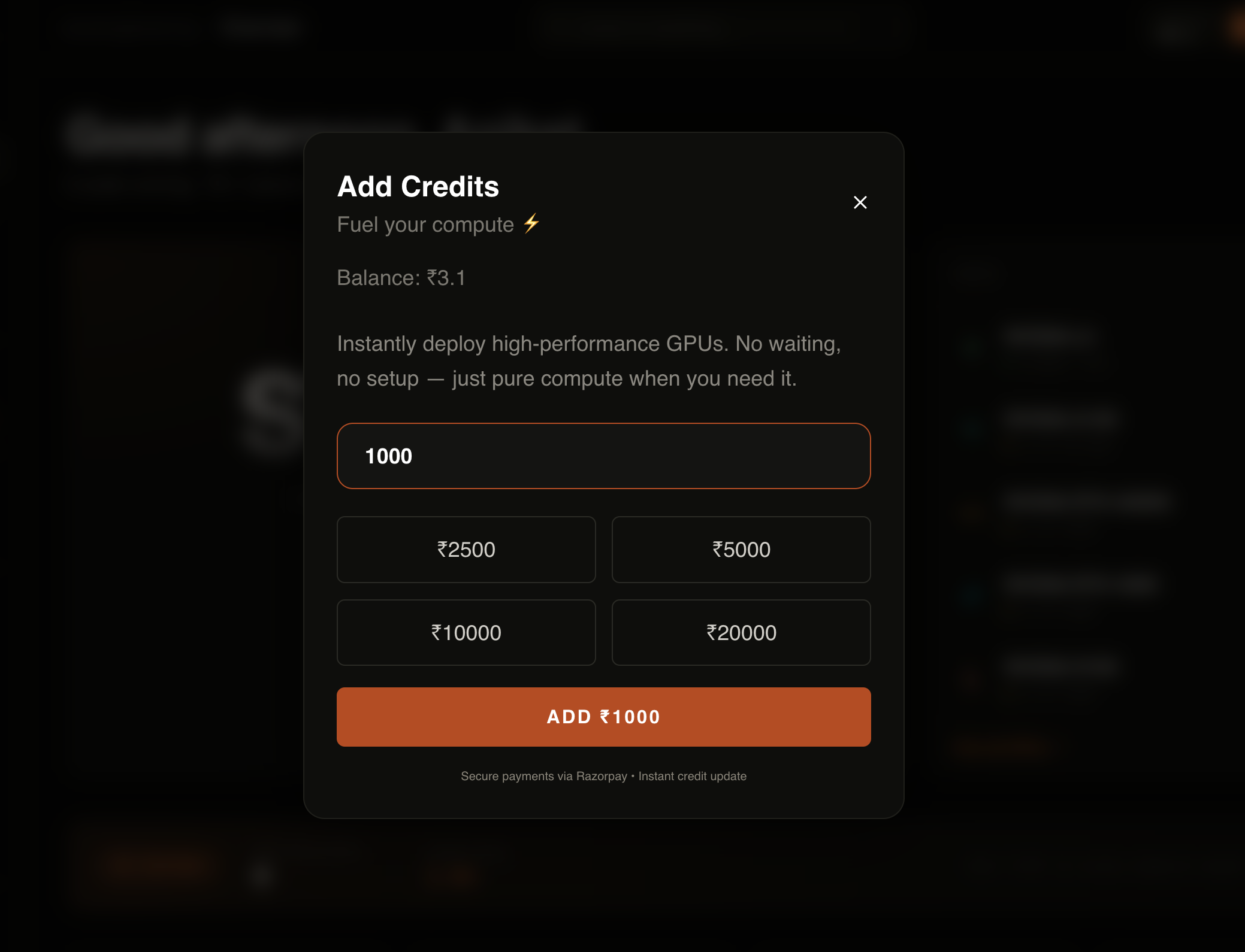 Settings → Billing — wallet top-up panel