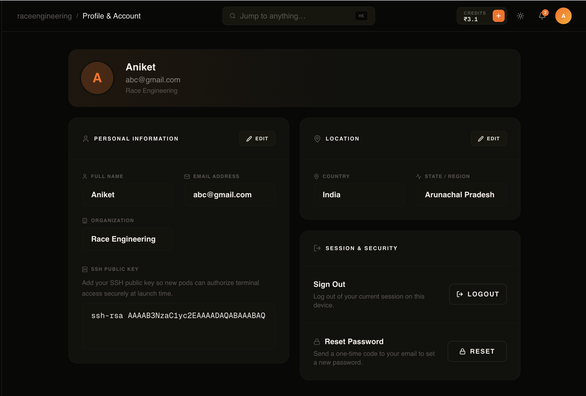 Profile & Account page — Personal Information card