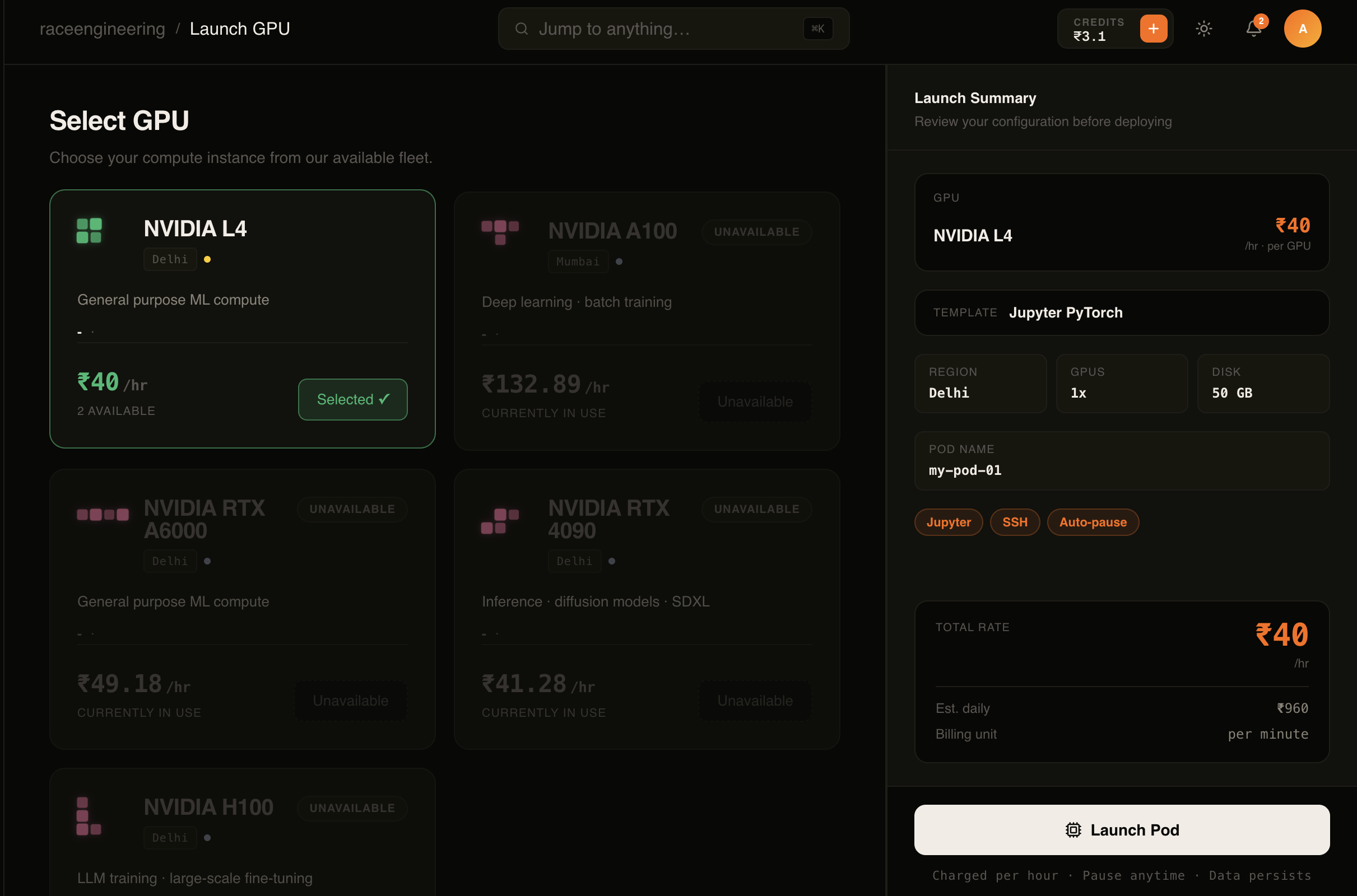 Launch GPU page — GPU selection and configuration panel